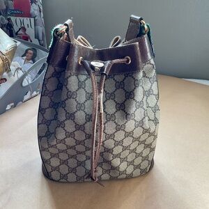 Vintage 1980s Gucci GG Canvas Brown Leather Drawstring Bucket Bag